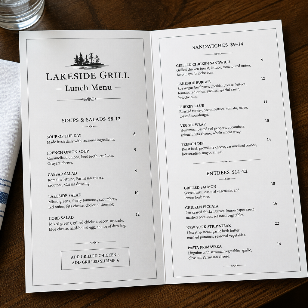 Menu — custom printed